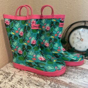 Lone Cone Tropical Toucans Pink and Green Children's Rainboots 3